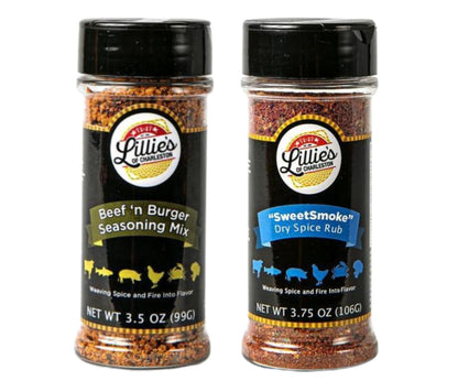 Lillie's of Charleston Grilling Seasoning and Rub 2 pk |SweetSmoke Pork + Beef n Burger | Great for Pork Steak Ribs Brisket Non-GMO No Preservatives Vegan | (2 pack shaker top 7.25oz)