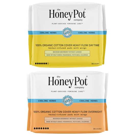 The Honey Pot Company - Heavy Daytime & Overnight Bundle - Herbal Pads Insused w/Essential Oils for Cooling Effect & Organic Cotton Cover - Feminine Care - Sanitary Pads for Women - FSA & HSA Eligibl