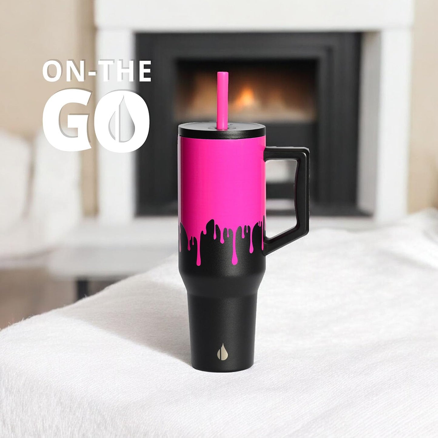 Elemental 40 oz Tumbler with Handle and Straw - Spill Proof Insulated Stainless Steel Commuter for Hot and Cold Beverages - Travel Coffee Mug with 2 Straws & Spill Proof Lid - 40oz - Hot Pink Drip