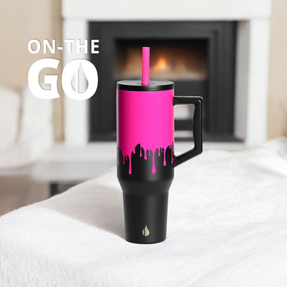 Elemental 40 oz Tumbler with Handle and Straw - Spill Proof Insulated Stainless Steel Commuter for Hot and Cold Beverages - Travel Coffee Mug with 2 Straws & Spill Proof Lid - 40oz - Hot Pink Drip