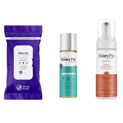 The Honey Pot Company - Intimacy Ritual Bundle - Intimacy Wipes, Organic Lube w/Agave Extract - Perfect for Women and Couples - Amber Sandalwood Feminine Wash - PH Balancing Feminine Products