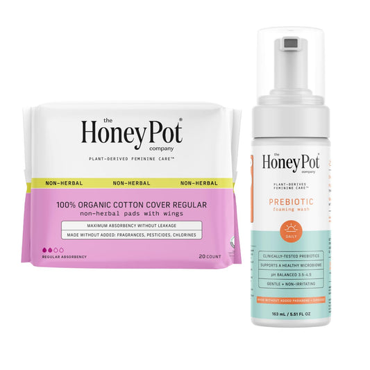 The Honey Pot Company - Non-Herbal Regular Pads & Prebiotic Feminine Wash Bundle - Cotton Cover - Herbal Infused Natural Hygiene Feminine Products - Feminine Care - Sanitary Pads for Women - FSA