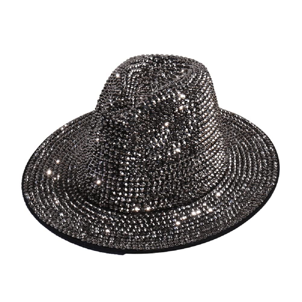2Chique Boutique Women's Extra Bling Rhinestone Embellished Wide Brim Fedora Hat, Gunmetal