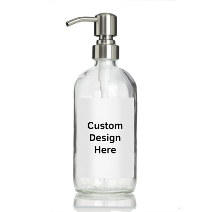 Artanis Home Customized Refillable Clear Glass Soap Dispenser Bottle, Personalized Label for Hand Soap, Dish Soap, Shampoo, etc., Pump Dispensers for Vacation Properties and Homes, Stainless Steel