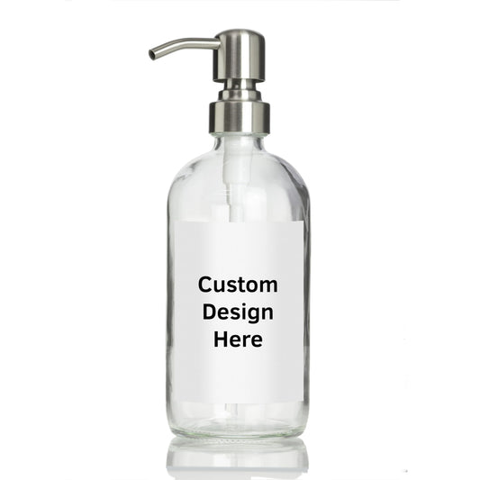 Artanis Home Customized Refillable Clear Glass Soap Dispenser Bottle, Personalized Label for Hand Soap, Dish Soap, Shampoo, etc., Pump Dispensers for Vacation Properties and Homes, Stainless Steel