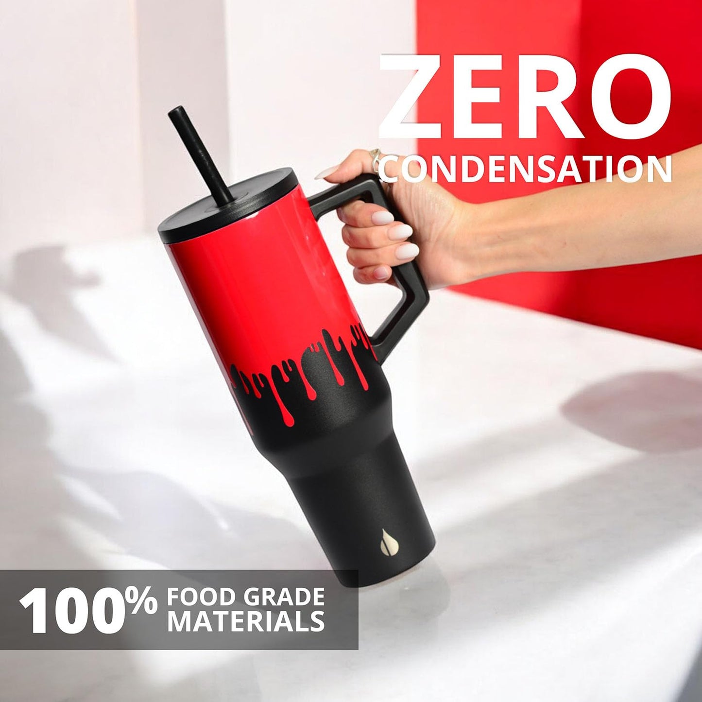 Elemental 40 oz Tumbler with Handle and Straw - Spill Proof Insulated Stainless Steel Commuter for Hot and Cold Beverages - Travel Coffee Mug with 2 Straws & Spill Proof Lid - 40oz - Sanguine Drip