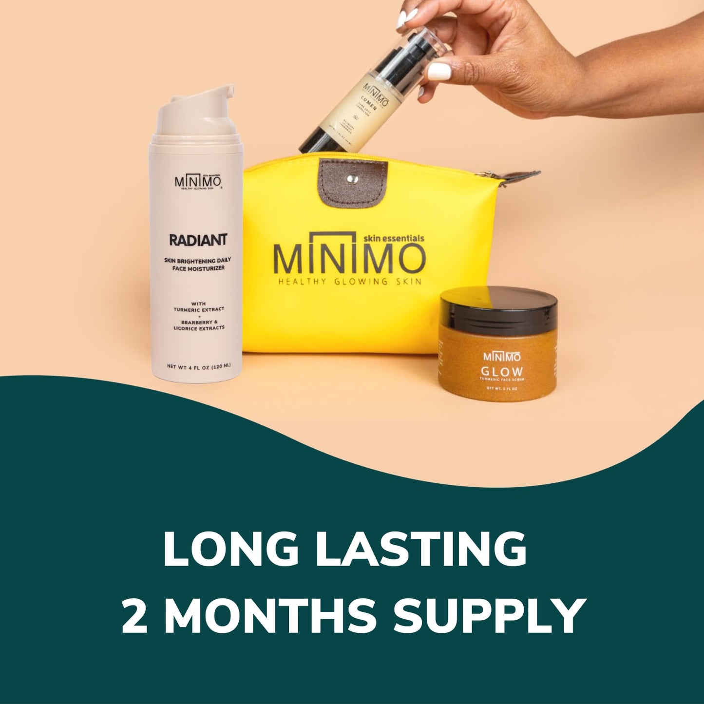 Minimo Skin Essentials Glow Starter Pack for Dull, Uneven Skin Tone Promotes a Glowing Complexion 3 Full Size Products, Applicator, & Makeup Bag Included