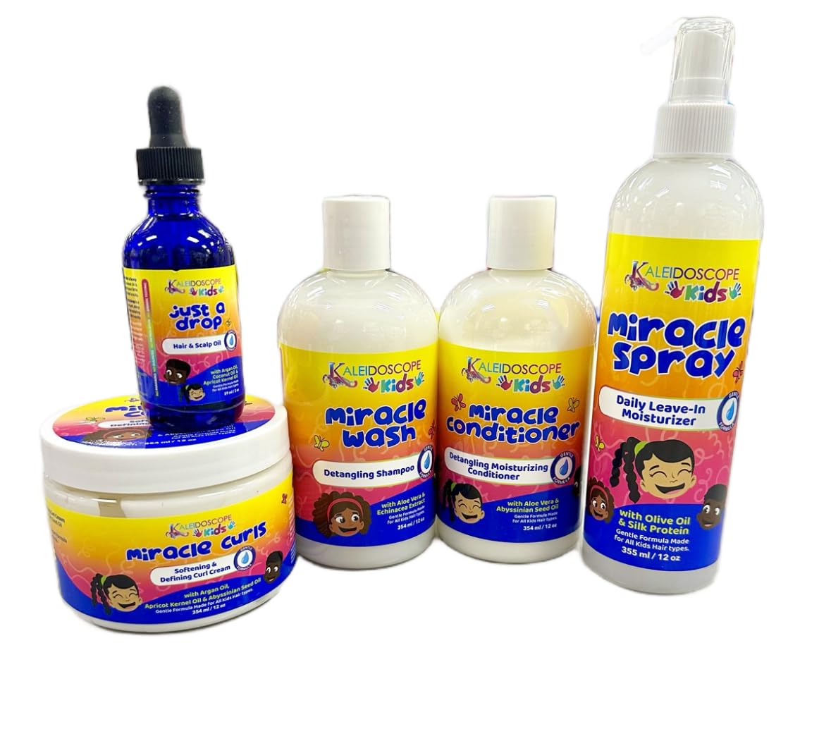 Kaleidoscope Kids Collection - Detangling Shampoo, Leave-in Conditioner, Curl Creme, Miracle Spray, & Hair Oil