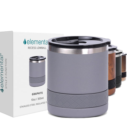 Elemental Recess Lowball Tumbler, 10oz Triple Wall Stainless Steel Cup with Non-Shattered Tritan Lid, Insulated Whiskey Glass, Insulated Coffee Tumbler Mug for Hot & Cold Drinks - Graphite
