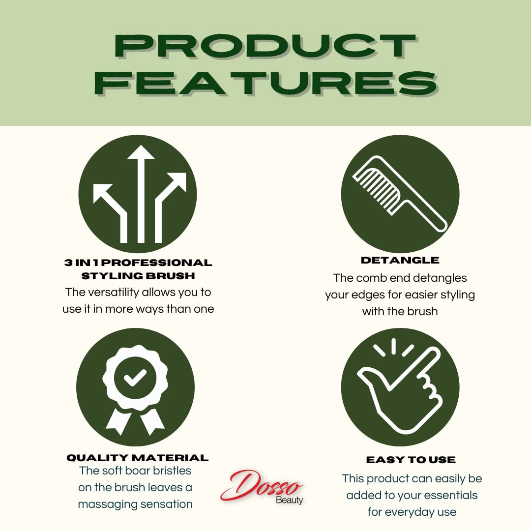 Dosso Beauty 3-in-1 Edge Styling Brush, Black Colour, Baby Soft Bristles, Pointed Metal End-Designed For Partin and Sculpting, Detangles Edges, Organic, Lightweight, Travel Friendly, 9 x 0.5 x 2 inch