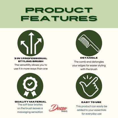 Dosso Beauty 3-in-1 Edge Styling Brush, Black Colour, Baby Soft Bristles, Pointed Metal End-Designed For Partin and Sculpting, Detangles Edges, Organic, Lightweight, Travel Friendly, 9 x 0.5 x 2 inch