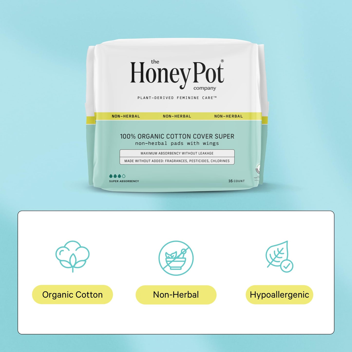 The Honey Pot Company - Pads for Women - Non-Herbal Super Pads w/Wings - Organic Pads for Women - Cotton Cover, & Ultra-Absorbent Pulp Core - Sanitary Pads - Feminine Care - FSA Eligible - 16 ct