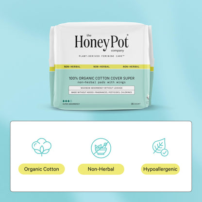 The Honey Pot Company - Pads for Women - Non-Herbal Super Pads w/Wings - Organic Pads for Women - Cotton Cover, & Ultra-Absorbent Pulp Core - Sanitary Pads - Feminine Care - FSA Eligible - 16 ct