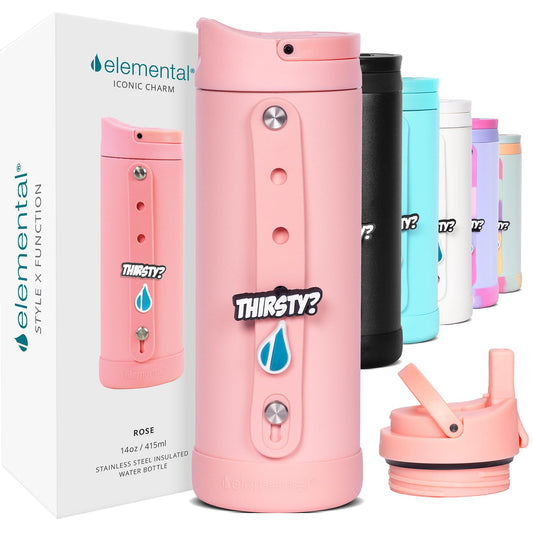 Elemental Iconic Kids Water Bottle with Straw Lid & Charms Strap, Leak-Proof When Closed, Triple Insulated Stainless Steel Reusable Thermos Water Bottle - 14oz, Rose