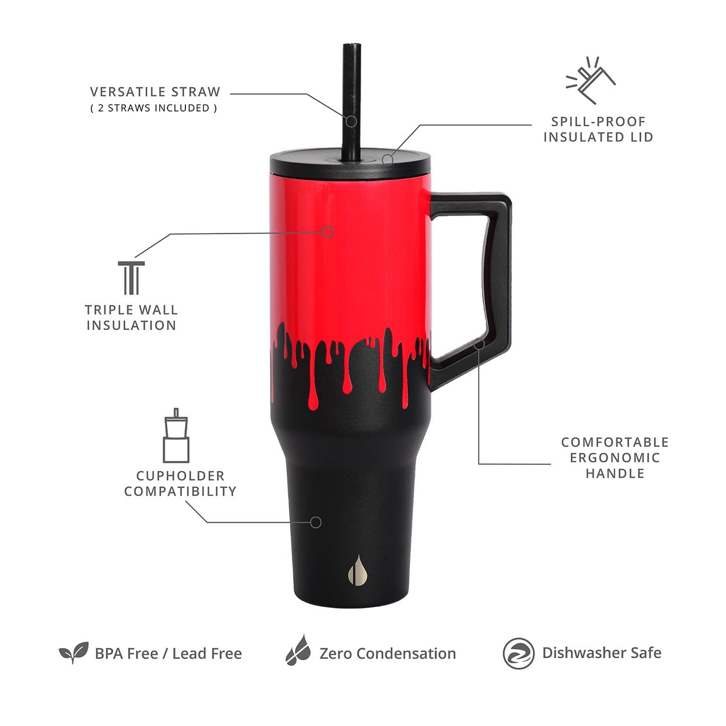 Elemental 40 oz Tumbler with Handle and Straw - Spill Proof Insulated Stainless Steel Commuter for Hot and Cold Beverages - Travel Coffee Mug with 2 Straws & Spill Proof Lid - 40oz - Sanguine Drip