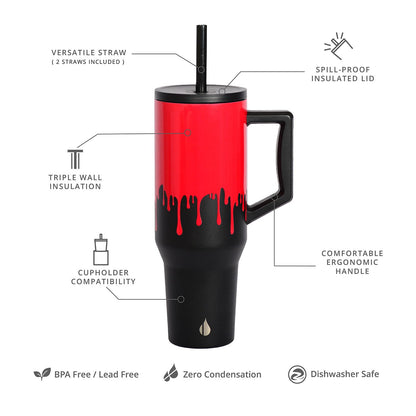 Elemental 40 oz Tumbler with Handle and Straw - Spill Proof Insulated Stainless Steel Commuter for Hot and Cold Beverages - Travel Coffee Mug with 2 Straws & Spill Proof Lid - 40oz - Sanguine Drip