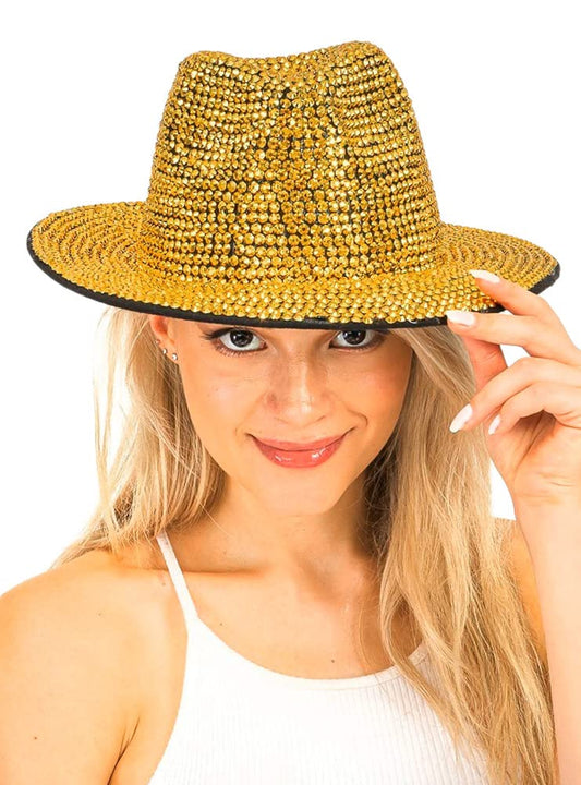 2Chique Boutique Women's Extra Bling Gold Rhinestone Embellished Wide Brim Fedora Hat