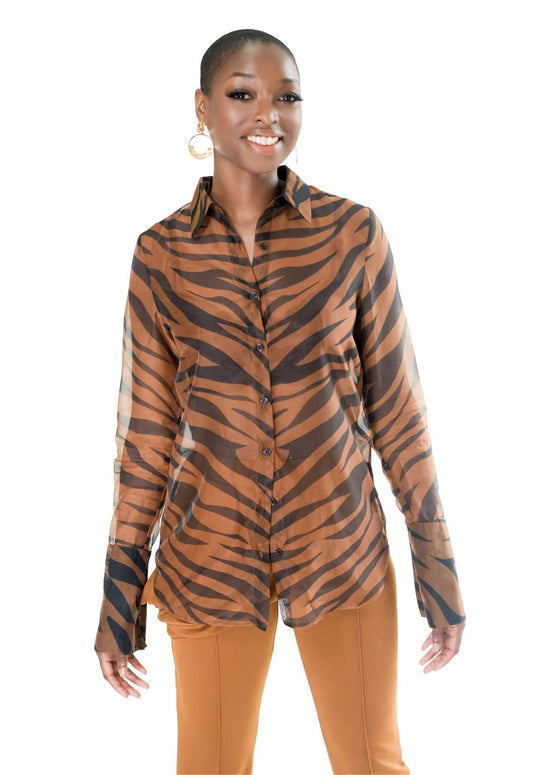 Pantora Women's LaTisha Organza Button Up, Tiger Print, XX-Small