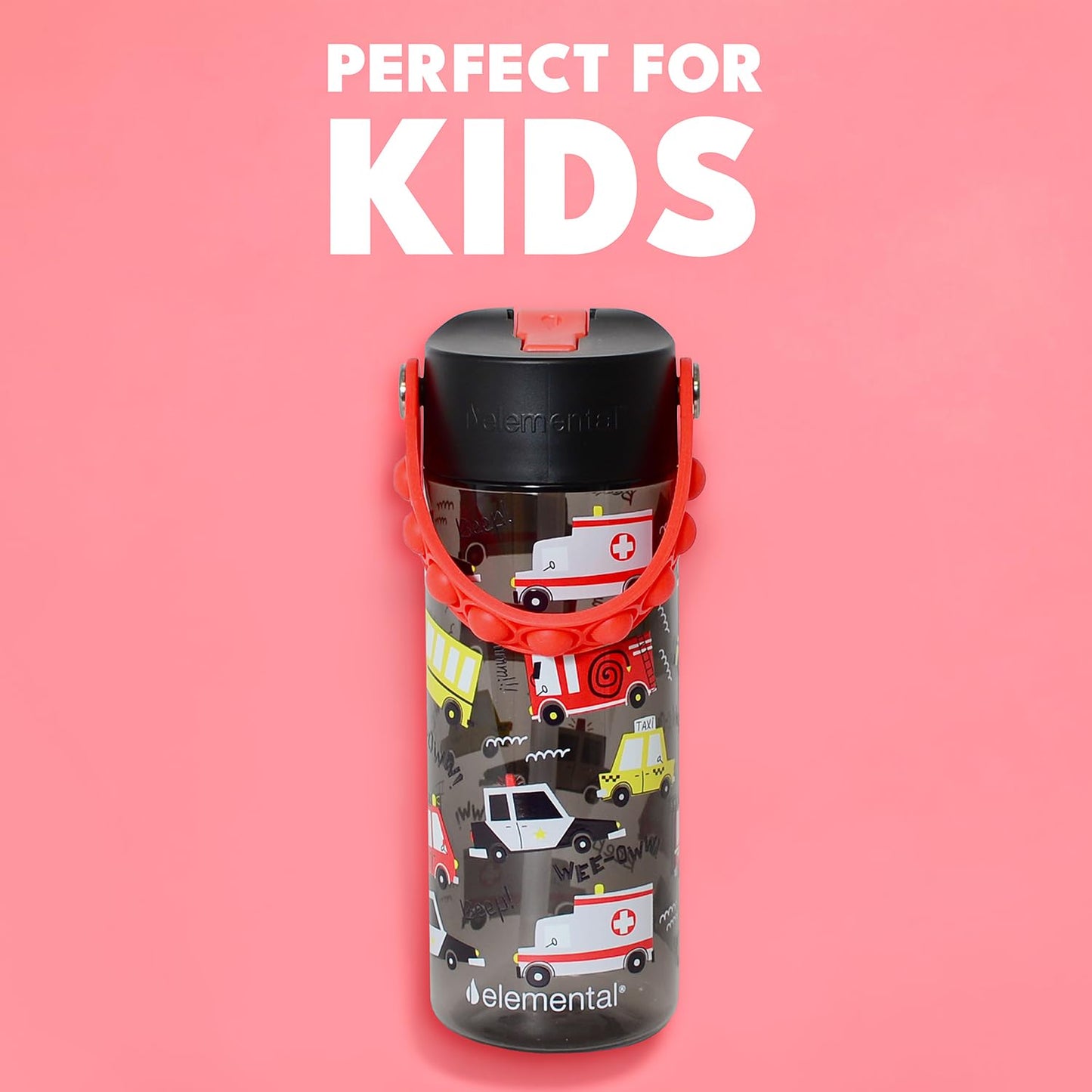 Elemental Leak Proof Water Bottles for Kids - Splash Kids Water Bottle for School with Pop-it Handle - BPA Free Tritan Plastic Reusable Water Bottle with Straw - Service Vechicle - 18oz