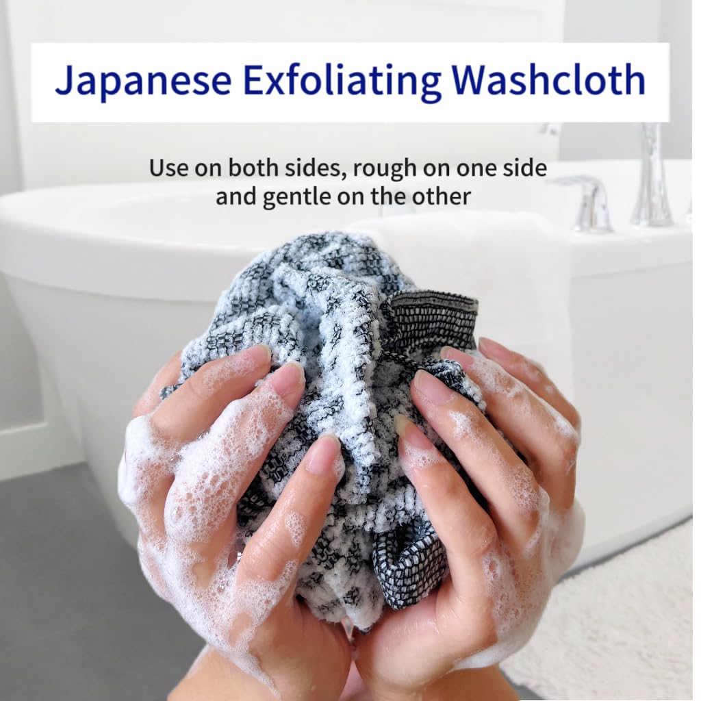 Exfoliating Washcloth, Japanese Exfoliating Towel, Exfoliating Shower Towel, Deep Cleanse for Body Face African Net Sponge Exfoliating Bath Scrubber with 2 Sides for Scrubbing & Washing