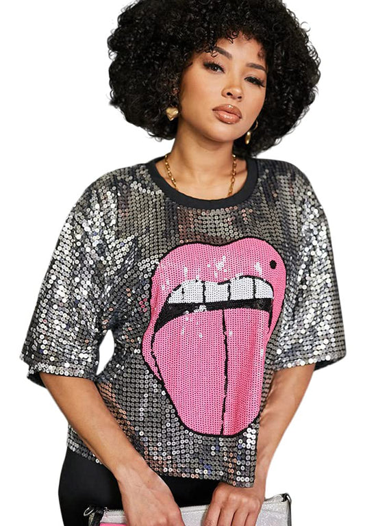 2Chique Boutique Women's Short Sleeve Round Neck Sequins Printed Top (medium) Silver