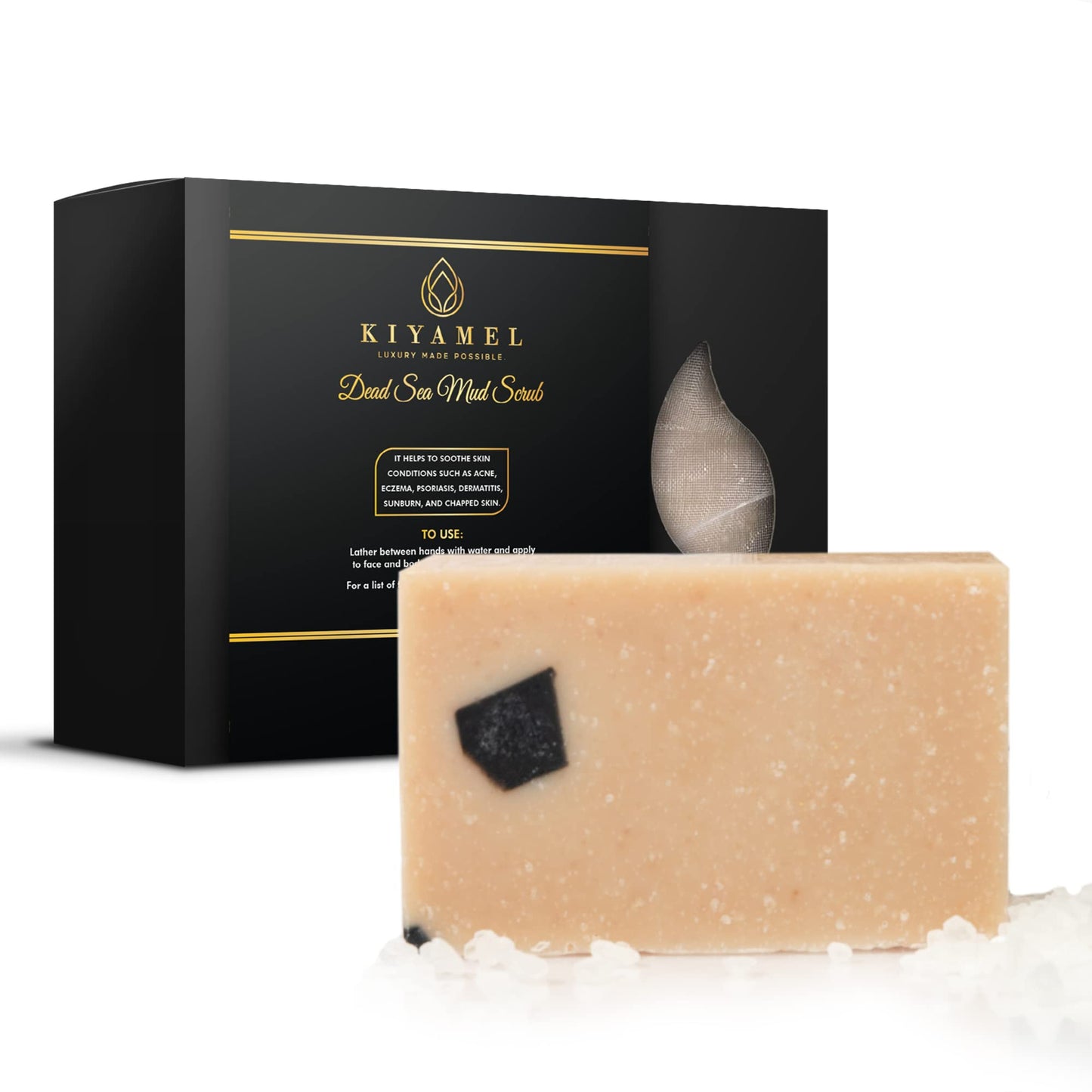 KIYAMEL | Dead Sea Salt Body Scrub Soap Bar, Mineral Mud Soap Deep Exfoliating for Dry Skin, Eczema & Psoriasis with Natural Essential Oils, Moisturizing Hydration, Face and Body Support