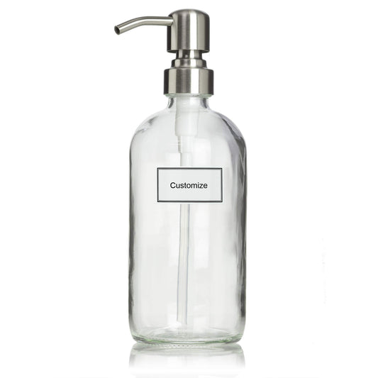 Artanis Home Glass Bottle Including Stainless Steel Pump and Customized Waterproof Label, 16 oz Boston Round, Clear