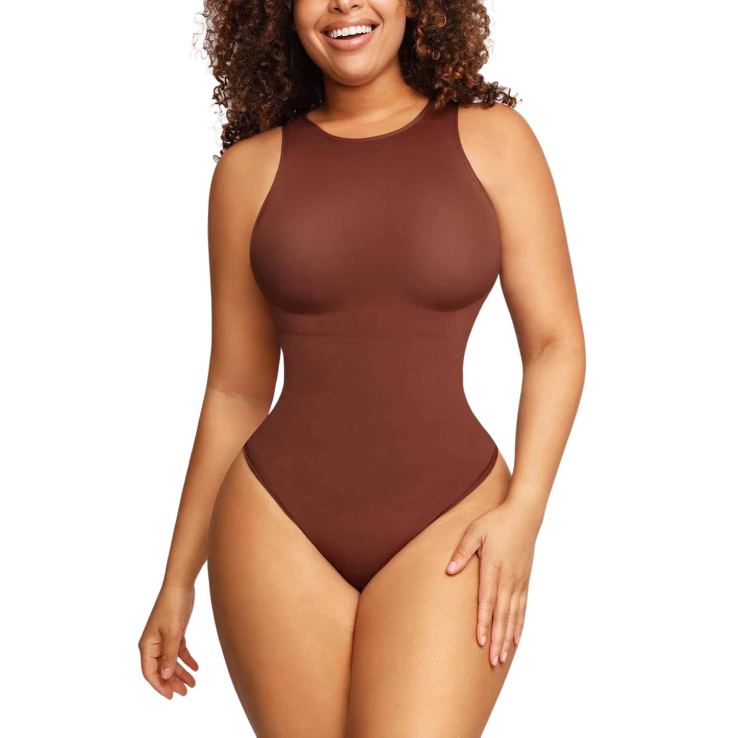 Soo slick Bodysuit for Women Tummy Control - Shapewear Racerback Top Clothing Seamless Body Sculpting Shaper High Neck - Brown M/L
