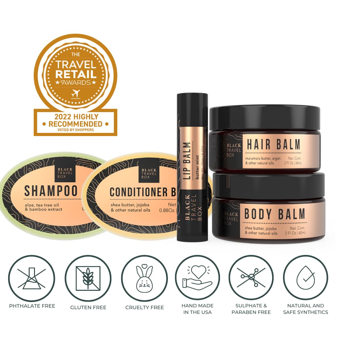 BLACKTRAVELBOX Carry On Starter Kit - 5 Travel-size Beauty Essentials, Shampoo, Conditioner, Body Lotion, Hair Balm, Lip Balm, TSA Friendly