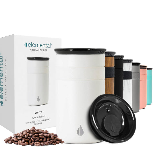 Elemental Artisan Insulated Tumbler, Triple Wall Coffee Travel Mug, Reusable Stainless Steel Coffee Tumbler with Ceramic Lid, Thermal Coffee Cups for Hot (6 Hrs) & Cold (18 Hrs), 12oz - Matte White