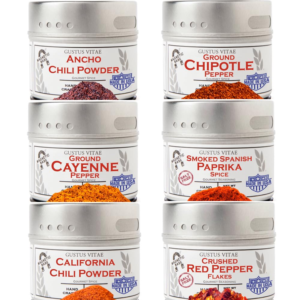 Ground Single Ingredient Pepper Collection | Authentic Small Batch | Chipotle, Cayenne, California Chili, Crushed Red Peppers, Paprika, Ancho | 6 Gourmet All Natural Peppers | Hand Packed, Non GMO | Sustainably Sourced, Made in USA | Artisanal Spice Blend