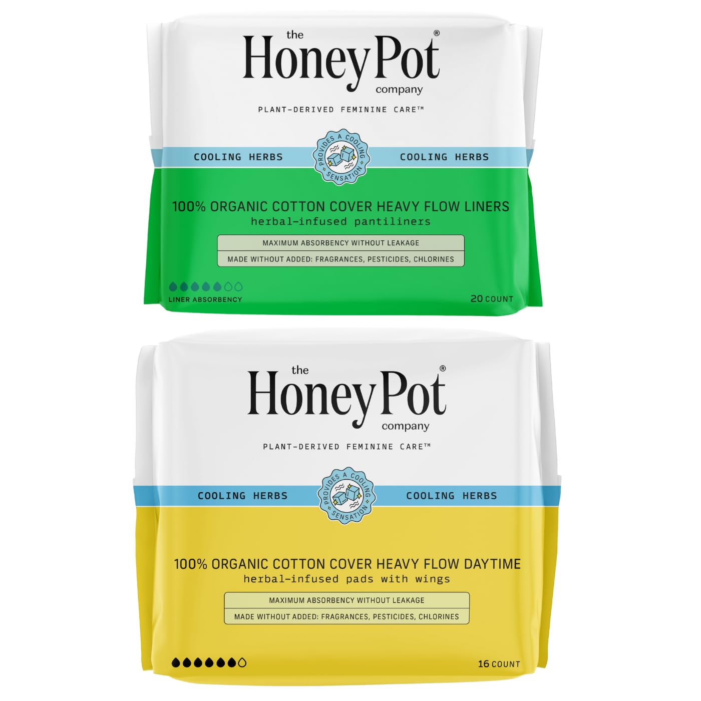 The Honey Pot Company - Heavy Daytime & Liners Bundle - Herbal Pads Insused w/Essential Oils for Cooling Effect & Organic Cotton Cover - Feminine Care - Sanitary Pads for Women - FSA & HSA Eligible