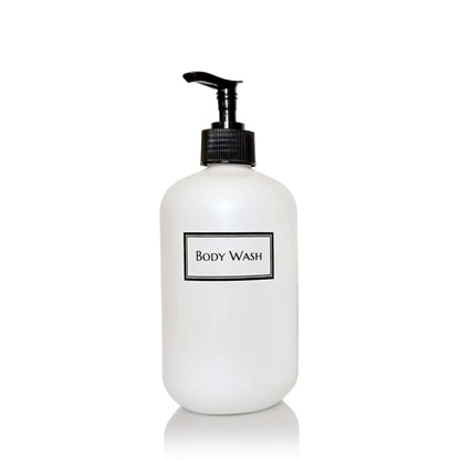 Artanis Home Silkscreened Empty Body Wash Bottle, Squat 16 oz, White (Black Pump)