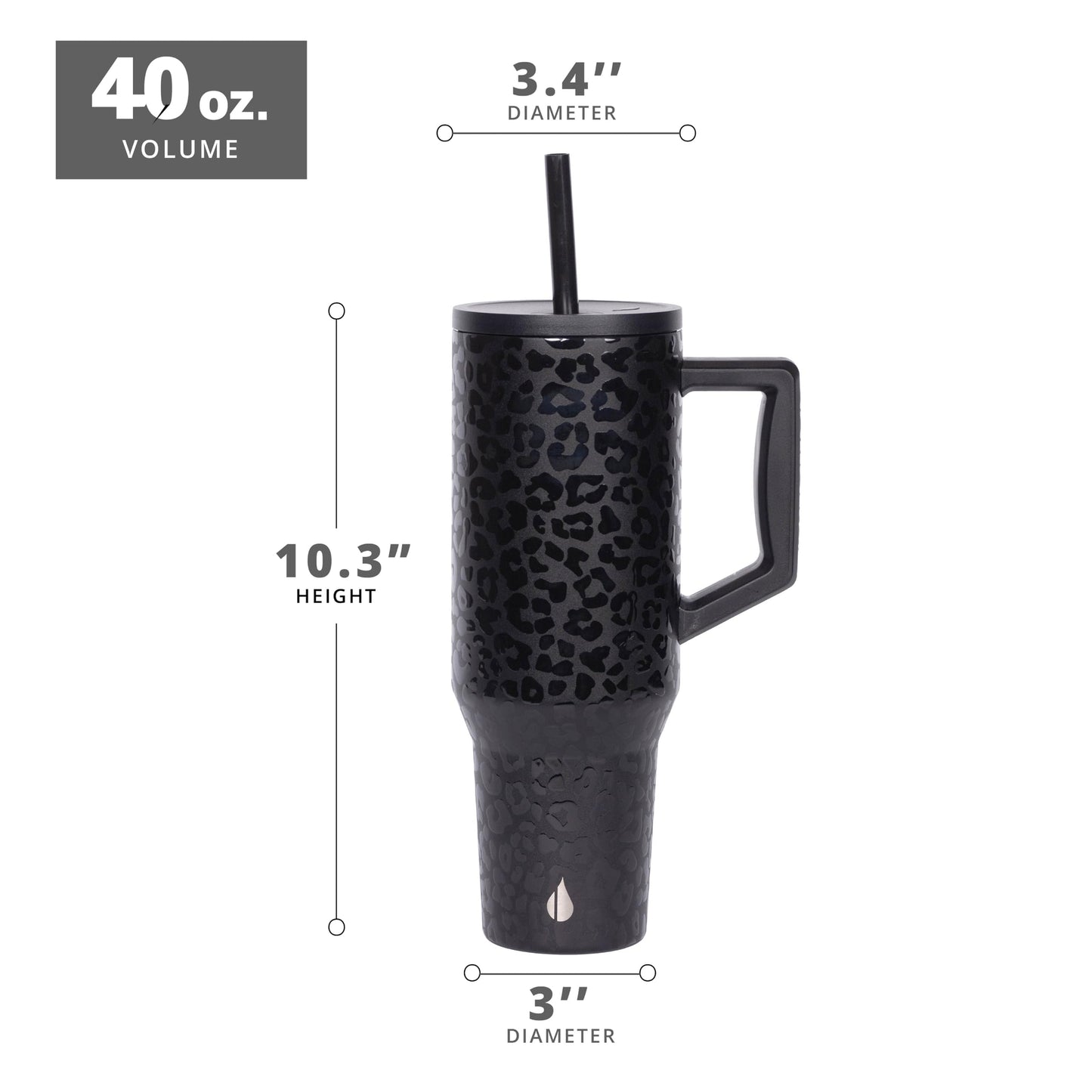 Elemental 40 oz Tumbler with Handle and Straw - Spill Proof Insulated Stainless Steel Commuter for Hot and Cold Beverages - Travel Coffee Mug with 2 Straws & Spill Proof Lid - 40oz - Black Leopard