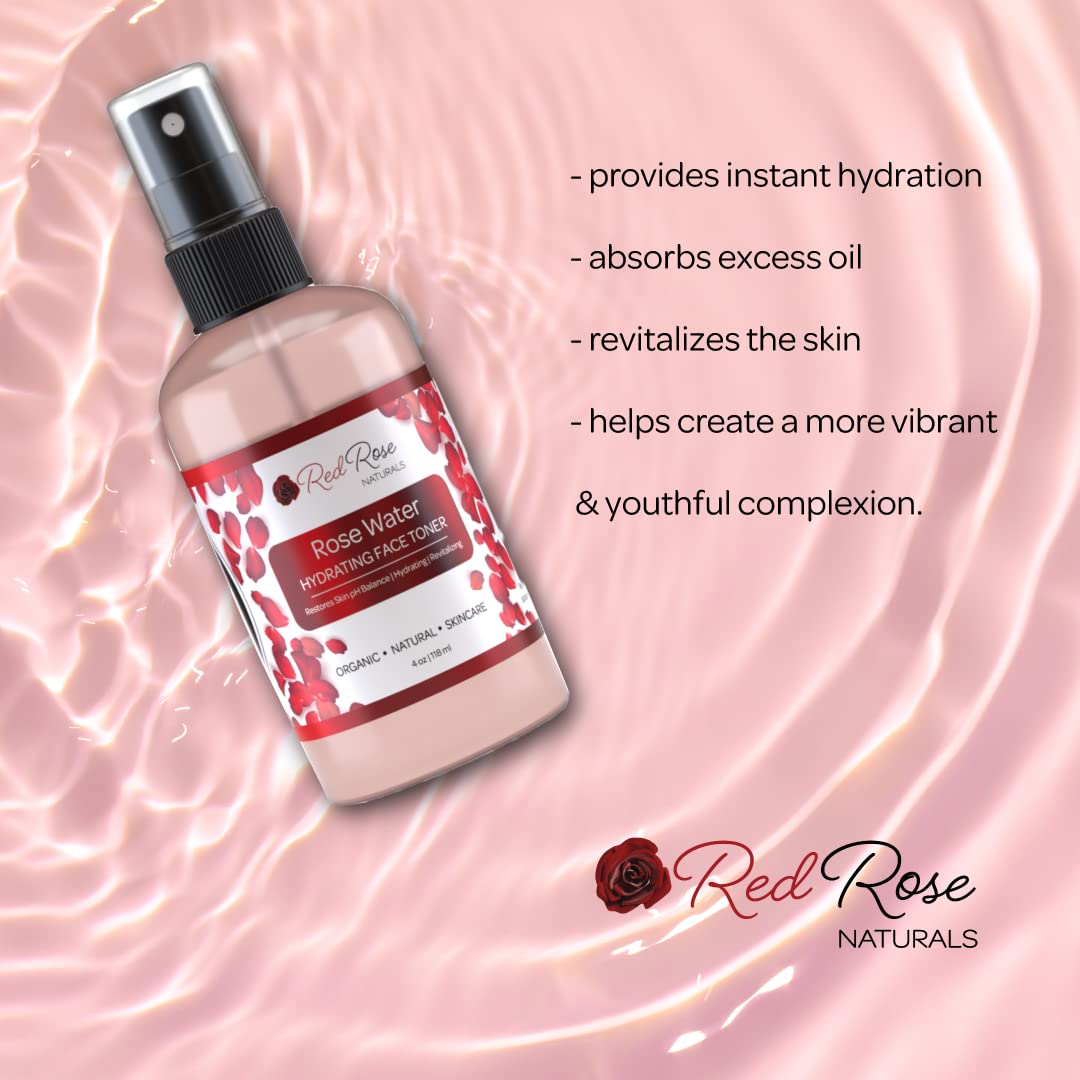 Red Rose Naturals Rosewater Toner, 100% Natural Hydrating Rose Water for Hair and Face, Gentle Formula, Suitable Sensitive Skin, Alcohol Free 4 oz. Spray Bottle