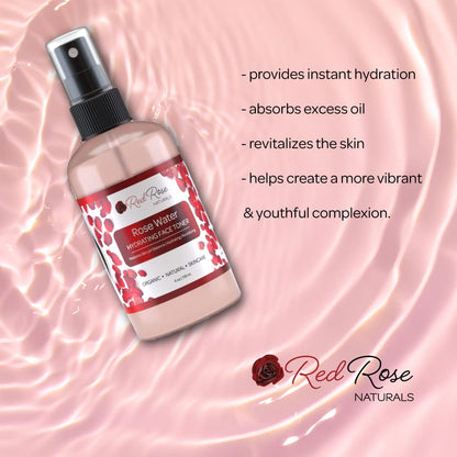 Red Rose Naturals Rosewater Toner, 100% Natural Hydrating Rose Water for Hair and Face, Gentle Formula, Suitable Sensitive Skin, Alcohol Free 4 oz. Spray Bottle