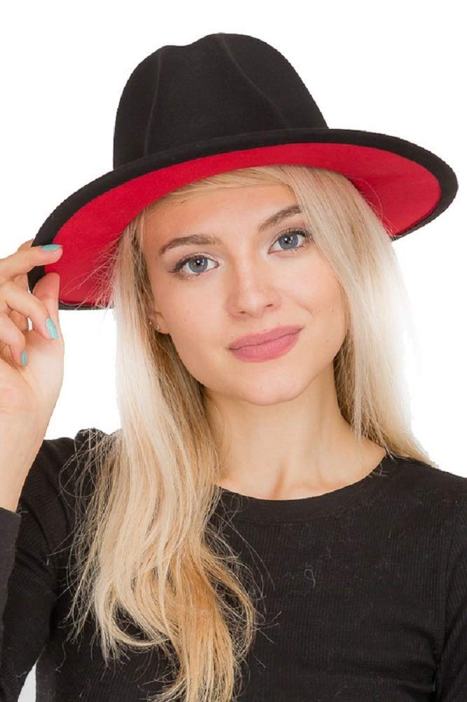 2Chique Boutique Women's Boho Chic Solid Red Lined Wide Brimmed Panama Style Felt Hat (Black)