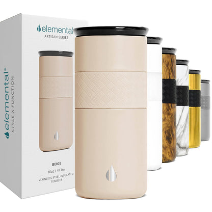 Elemental Artisan Insulated Tumbler, Triple Wall Coffee Travel Tumbler, Reusable Stainless Steel Coffee Tumbler with Ceramic Lid, Thermal Coffee Cup for Hot (6 Hrs) & Cold (18 Hrs), 16oz - Beige