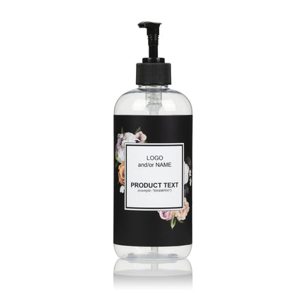 Artanis Home 10-Pack Customized PET Plastic Refillable Pump Bottles with Black Floral Design Waterproof Labels and Black Pumps, Clear