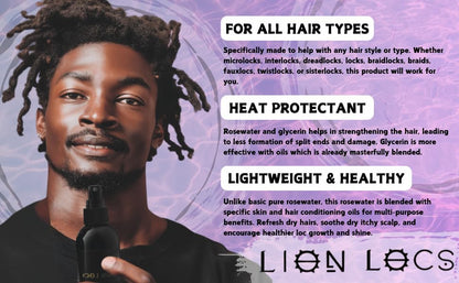 Lion Locs Rosewater Spray for Dreads and Locs - Organic Vegan Conditioner with Aloe, Oils, Vitamins, and Glycerin