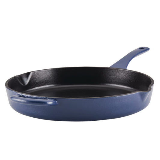 Ayesha Curry Kitchenware Enameled Cast Iron Skillet/Frying Pan with Helper Handle and Pour Spouts, 12 Inch - Anchor Blue