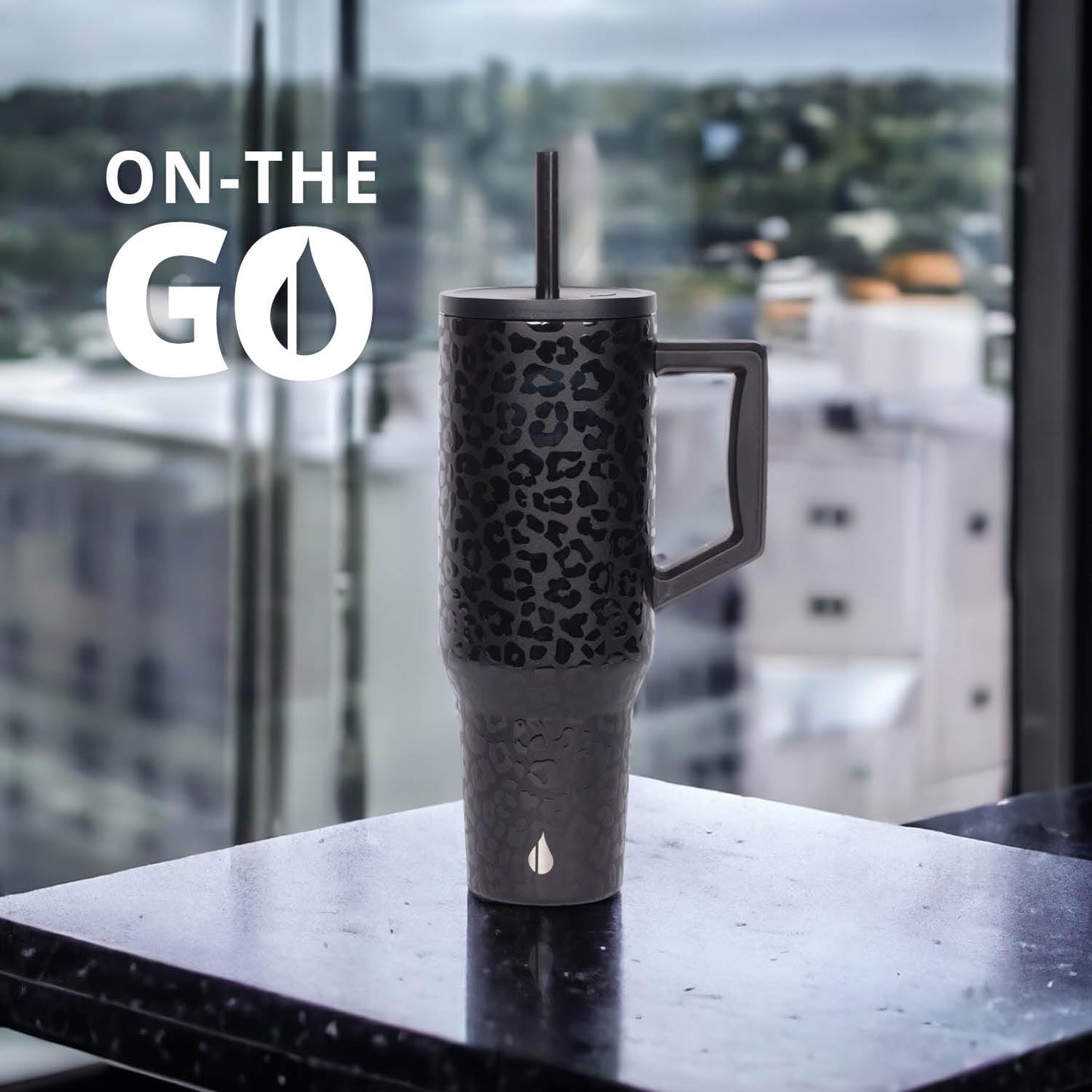 Elemental 40 oz Tumbler with Handle and Straw - Spill Proof Insulated Stainless Steel Commuter for Hot and Cold Beverages - Travel Coffee Mug with 2 Straws & Spill Proof Lid - 40oz - Black Leopard