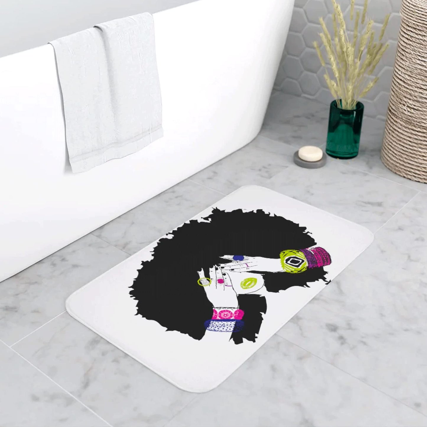 Pardon My Fro Shanell Bathroom Mat - Cushioned Soft Absorbent Bath Rugs with Printed Design - Washable Shower Mat Non Slip - Stylish Microfiber Bath Mat (White Bath Mat 30" X 20")