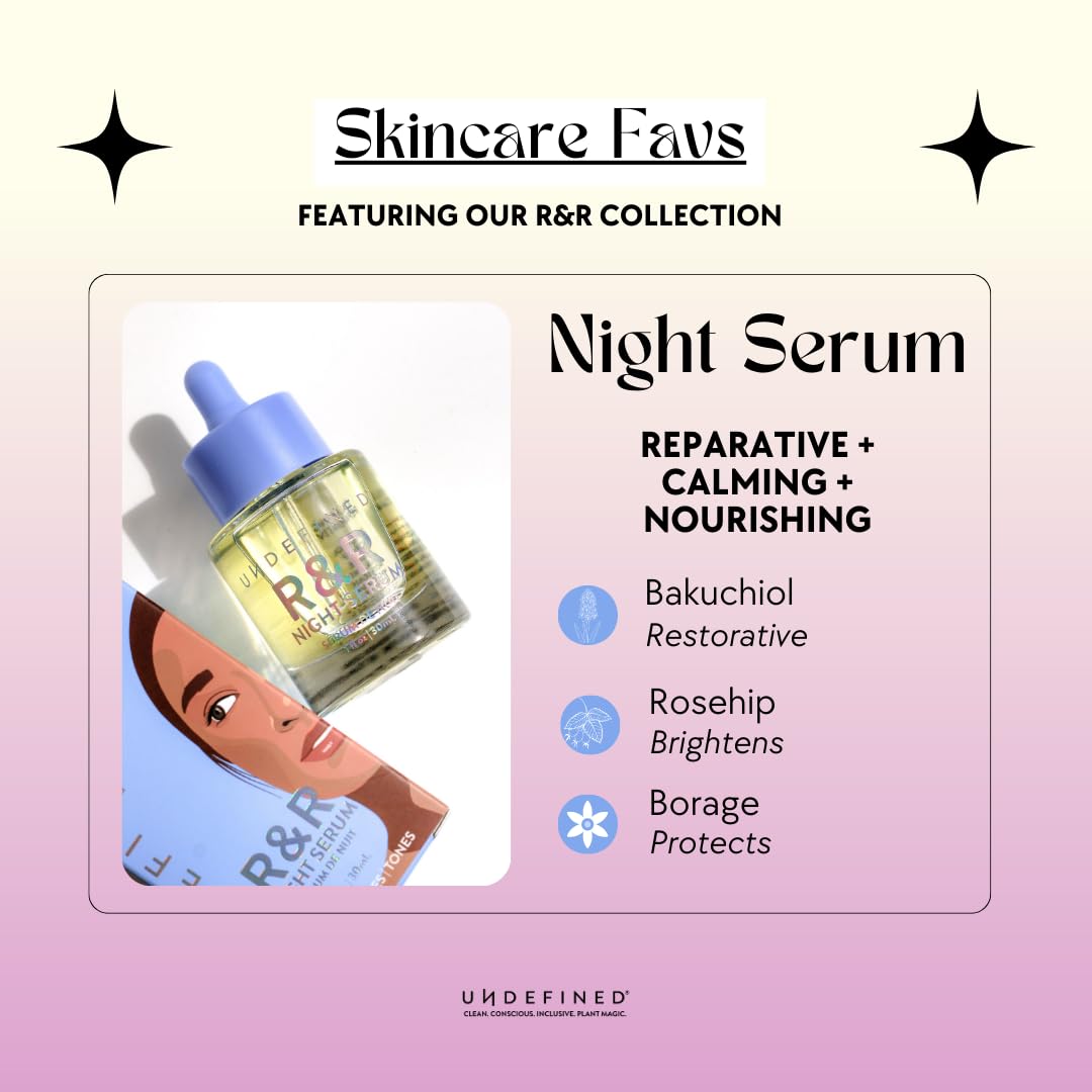 Undefined Beauty R&R Night Serum OG Formula Face Oil with Bakuchiol, Squalane, Borage, Rosehip to repair, smooth and nourish skin barrier, 1oz