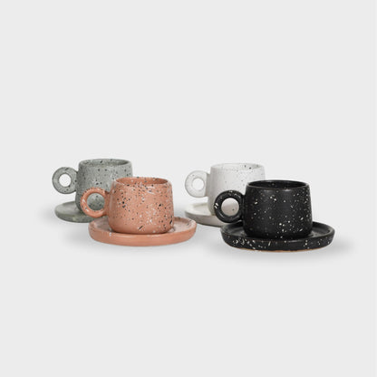 SWEET JULY Edgewater Collection Espresso Cup & Saucer Set - Durable, Hand-Thrown Ceramic, 5 oz Capacity, Perfect for Espresso & Coffee - Avail. in White, Black, Gray and Chai (Black speckled)