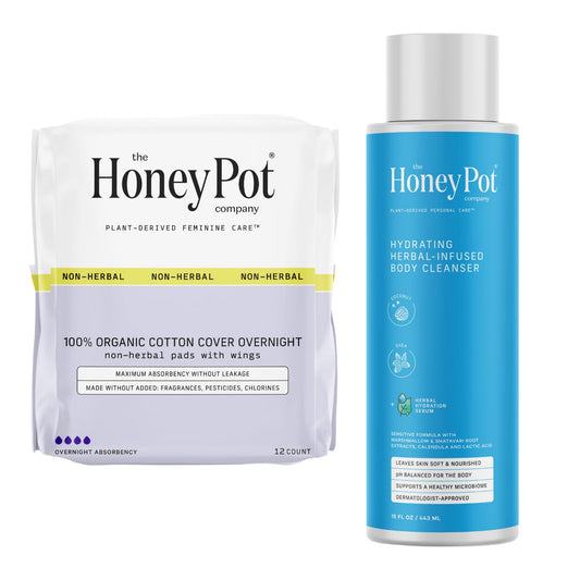 The Honey Pot Company - Non-Herbal Overnight Pads & Coconut Shea Body Cleanser Bundle - Cotton Cover & Body Wash to Moisturize & Cleanse Skin - Sanitary Pads for Women - Feminine Care - FSA & HSA