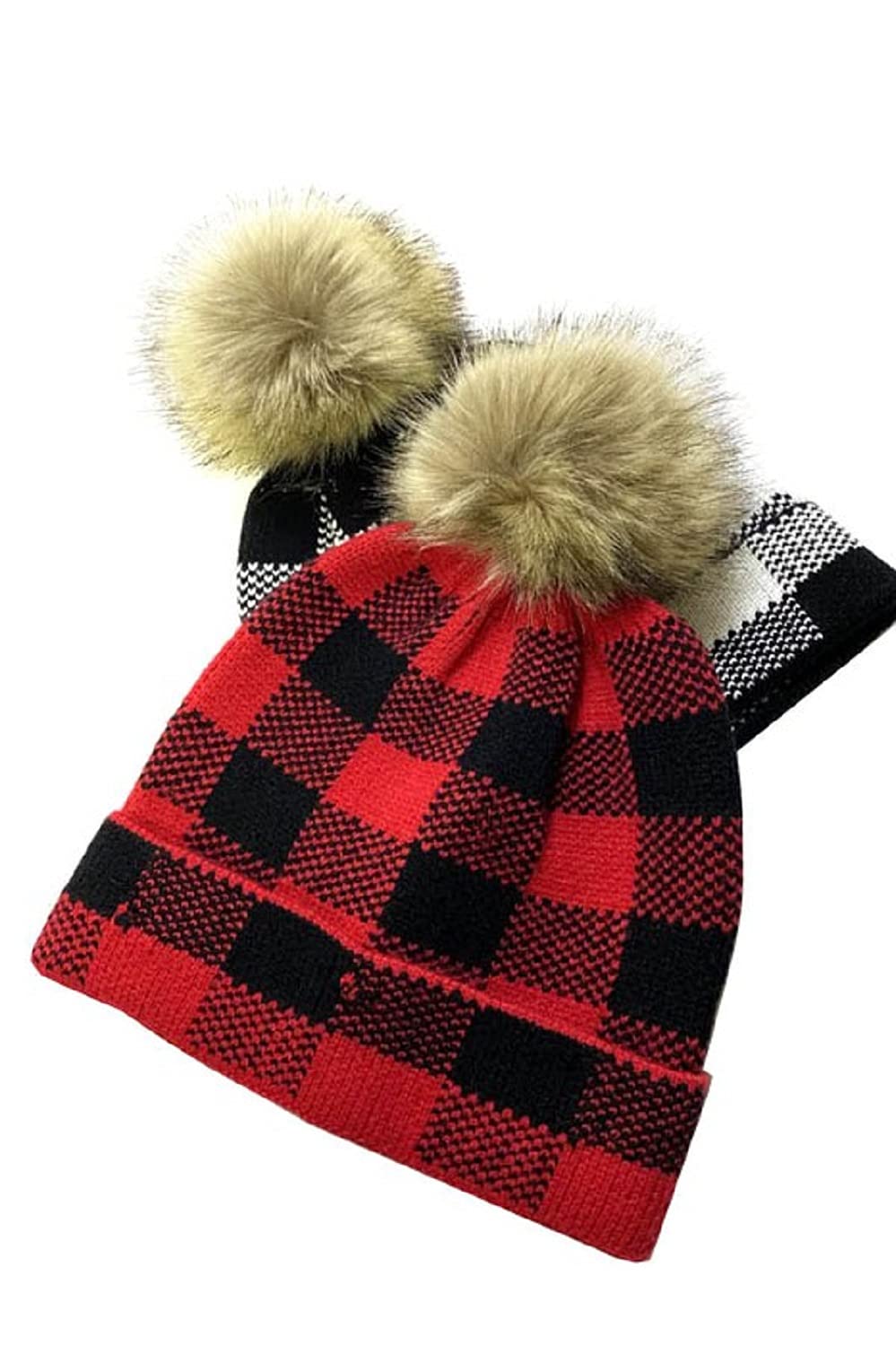2Chique Boutique Women's Red and Black Pom Pom Beanie