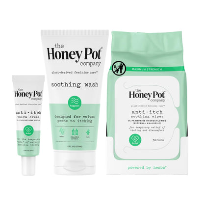 The Honey Pot Company - Feminine Anti-Itch Cream, Wash & Wipes Bundle - At Home or On the Go Medicated Temporary Relief of Itching & Discomfort - Plant Derived Feminine Care - Maximum Strength