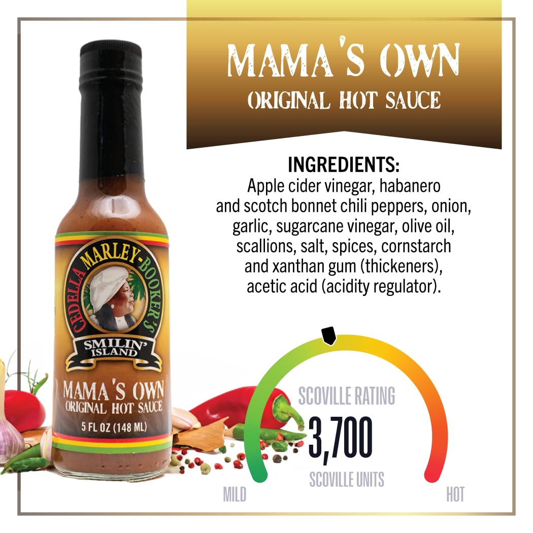 Mamas Own Original Hot Sauce by Cedella Marley Booker's Smilin Island -Habanero and Scotch Bonnet Peppers 1 Bottle 5 Ounce.