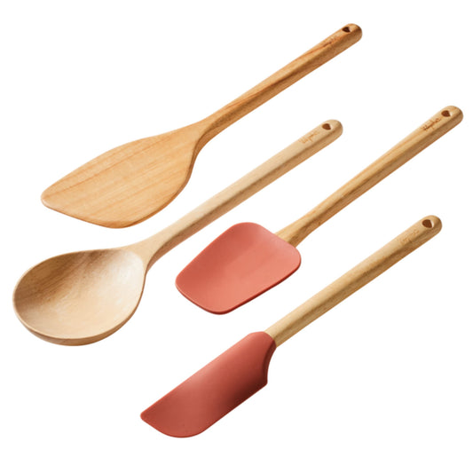 Ayesha Curry Tools and Gadgets Cooking/Kitchen Utensil Set-Includes Solid Spoon, Saute Paddle, Spoonula, Jar Spatula, 4 Piece, Redwood